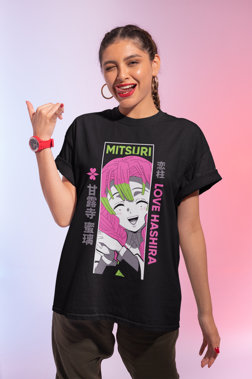 Mitsuri Kanroji T-Shirt,Demon Slayer Hashira Shirt Unisex,Anime Gift for Girls & Boys, Kimetsu no Yaiba Lover Tee, Cute Japanese Anime Shirt